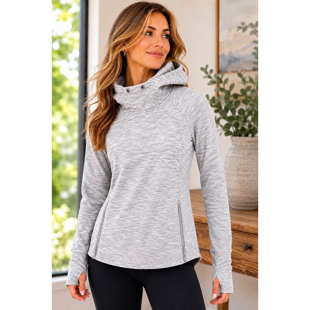 Athleta Small Gray Space Dye Funnel Neck Hoodie Thumbhole Pullover Top